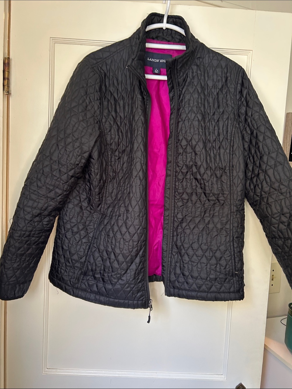 Lands' End Black Quilted Puffer Jacket with Pink Lining